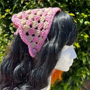 Pink and Cream Crochet Hair Scarf